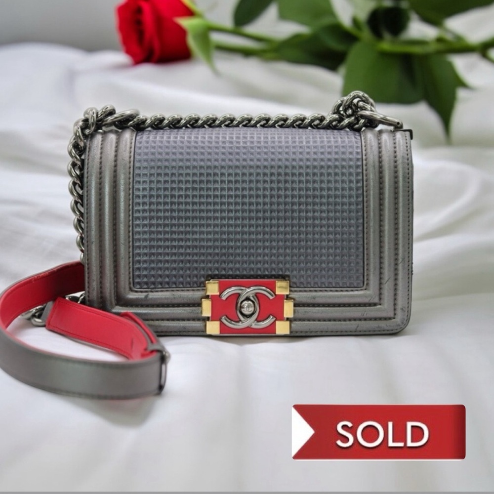 CHANEL‎ Rare Metallic Silver Cube Embossed Small Boy Bag, Silver Hardware 2014